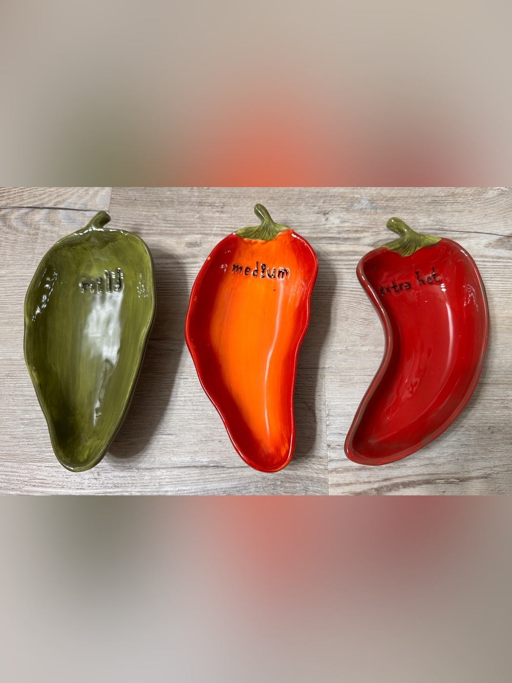 Ceramic Chili Pepper Condiment Dish Set of 3 Mild Medium Extra Hot